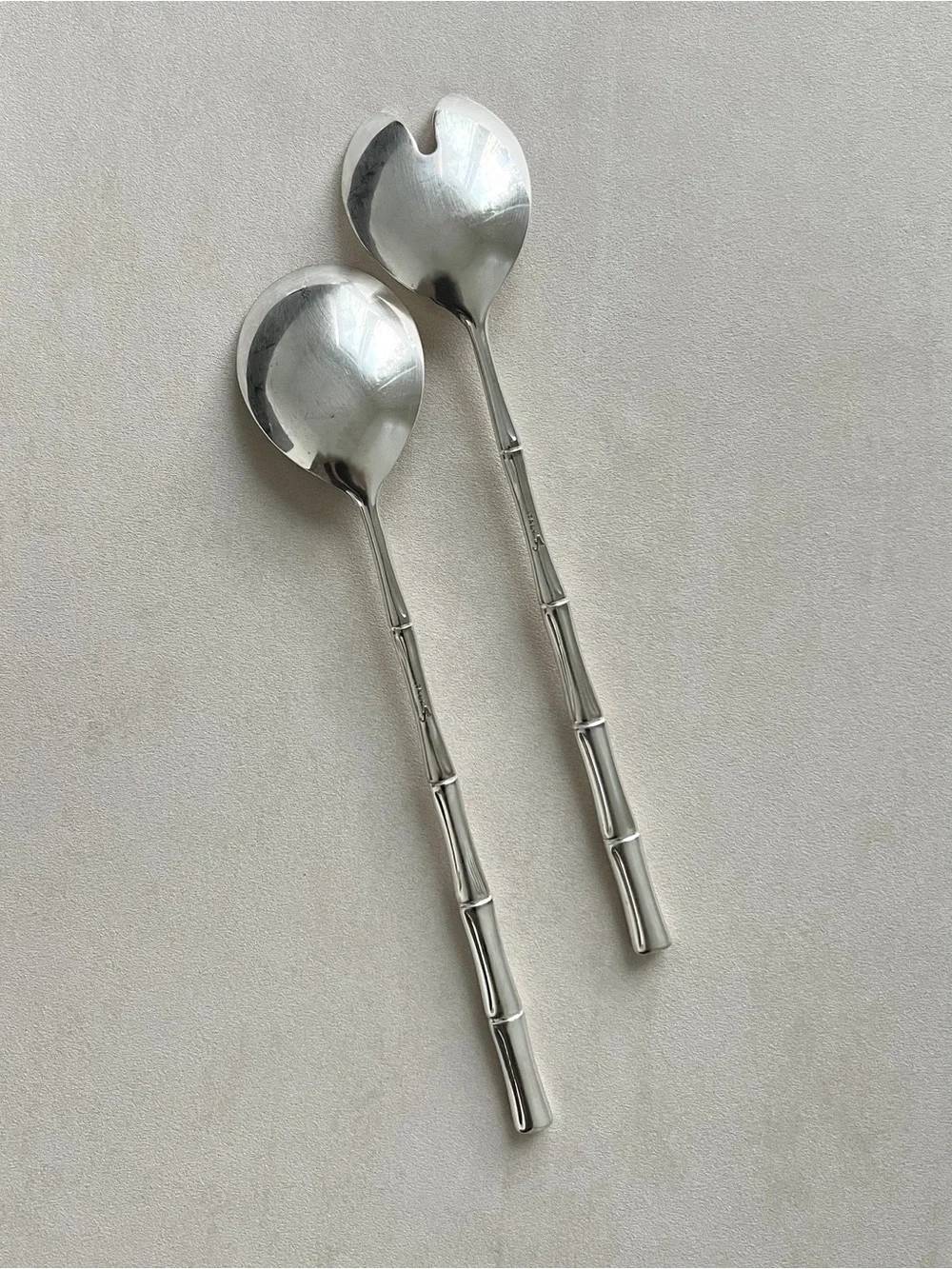VINTAGE Silver Bamboo Handle Salad Serving Spoons Utensils Made in ITALY